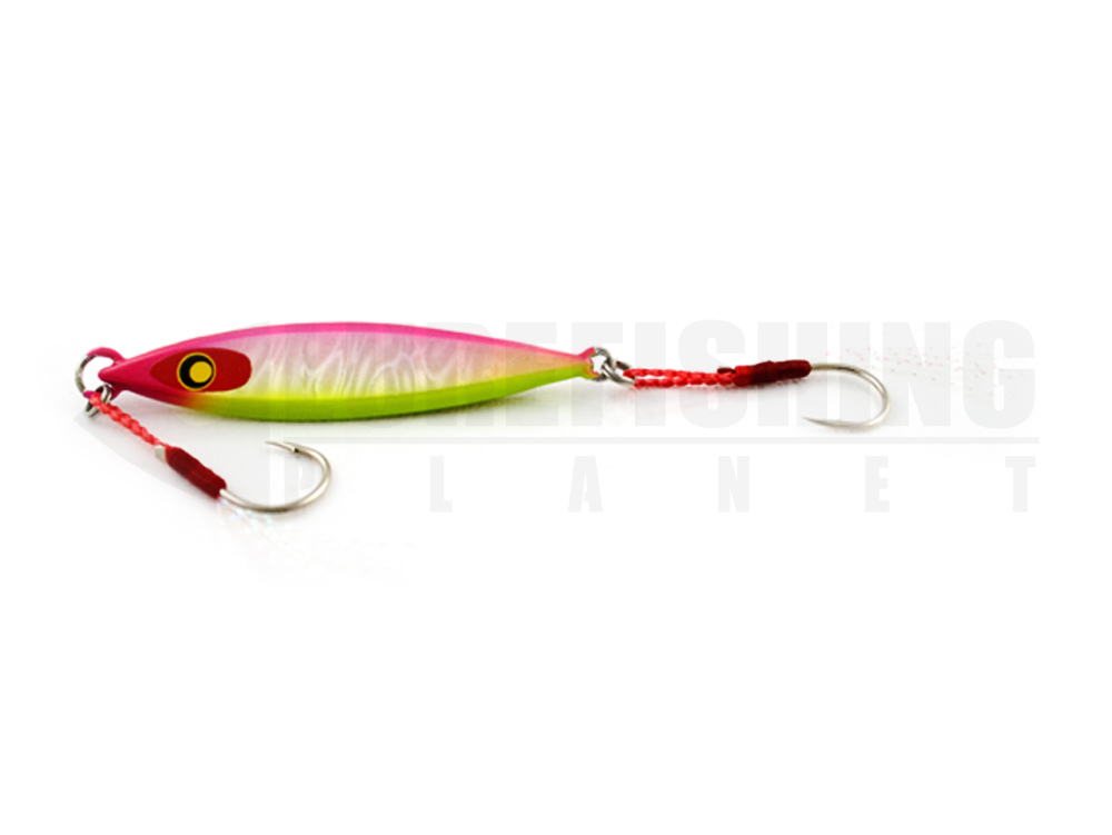 Metal jig damiki back drop casting 29 pink head glow lure fishing planet.